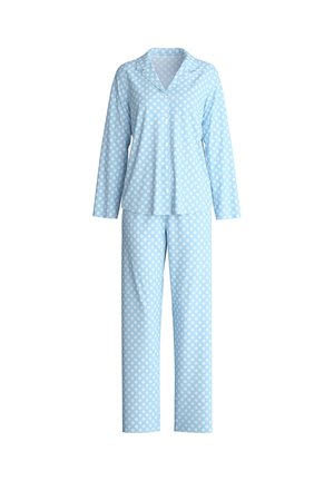 Set di pigiama azzurro chiaro in tessuto morbido, con maniche lunghe, colletto e pois bianchi sia sulla maglia che sui pantaloni.