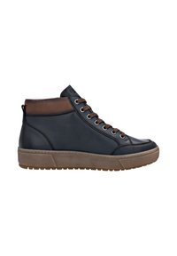 Sneaker montante en cuir noir avec des accents en cuir marron, bout rond, laçage à l'avant, col rembourré et semelle en caoutchouc texturée.