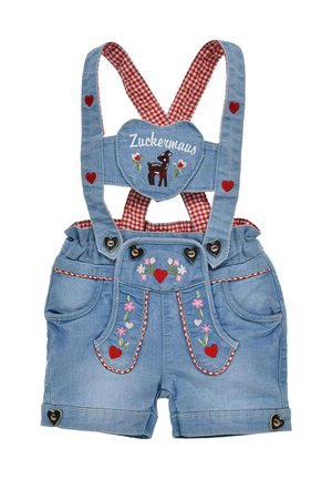 Denimshorts mit roten Gingham-Trägern, bestickten Blumen und Herzen sowie einem herzförmigen Aufnäher mit einer Kuh.