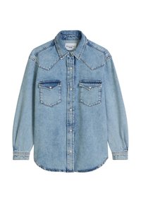 Lichtblauw denimshirt met lange mouwen, knoopsluiting aan de voorkant, puntige kraag en twee borstzakken. Heeft een afgeronde zoom en gestikte details.