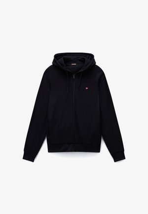 Juodas su užtrauktuku megztinis su gobtuvu, pagamintas iš medvilnės mišinio, turi priekį užsegamą užtrauktuką, gobtuvą su raišteliais ir mažą logotipą ant krūtinės. Minkšta tekstūra, ribiotos rankogaliai.