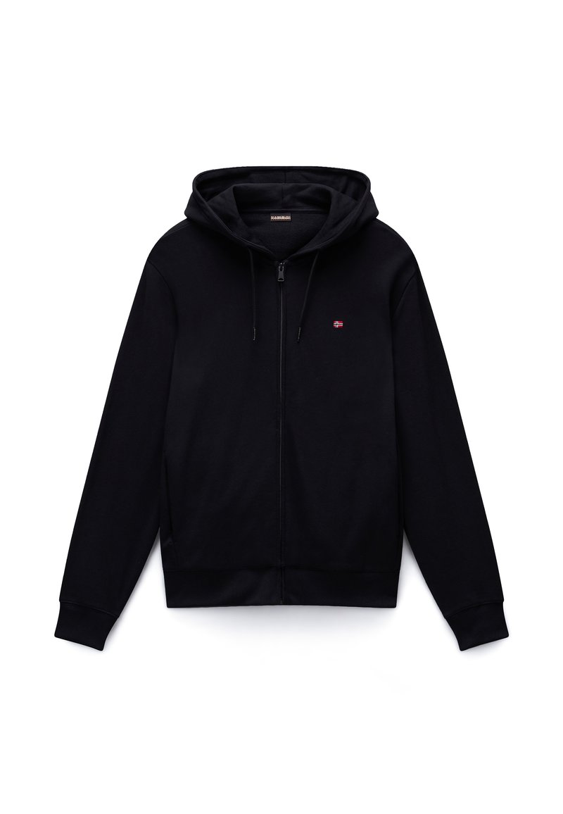 Crna majica s patentnim zatvaračem od pamučne mješavine, s prednjim patentnim zatvaračem, kapuljačom sa špagom i malim logotipom na prsima. Mekana tekstura, rebrasti manžeti.