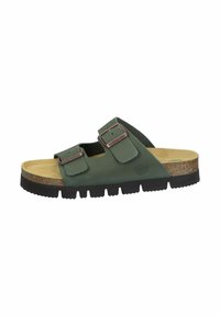 Green leather slide sandal with two adjustable straps, brown metal buckles, cork midsole, and a textured black rubber outsole.