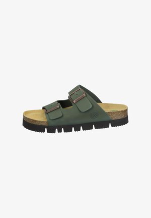 Green leather slide sandal with two adjustable straps, brown metal buckles, cork midsole, and a textured black rubber outsole.