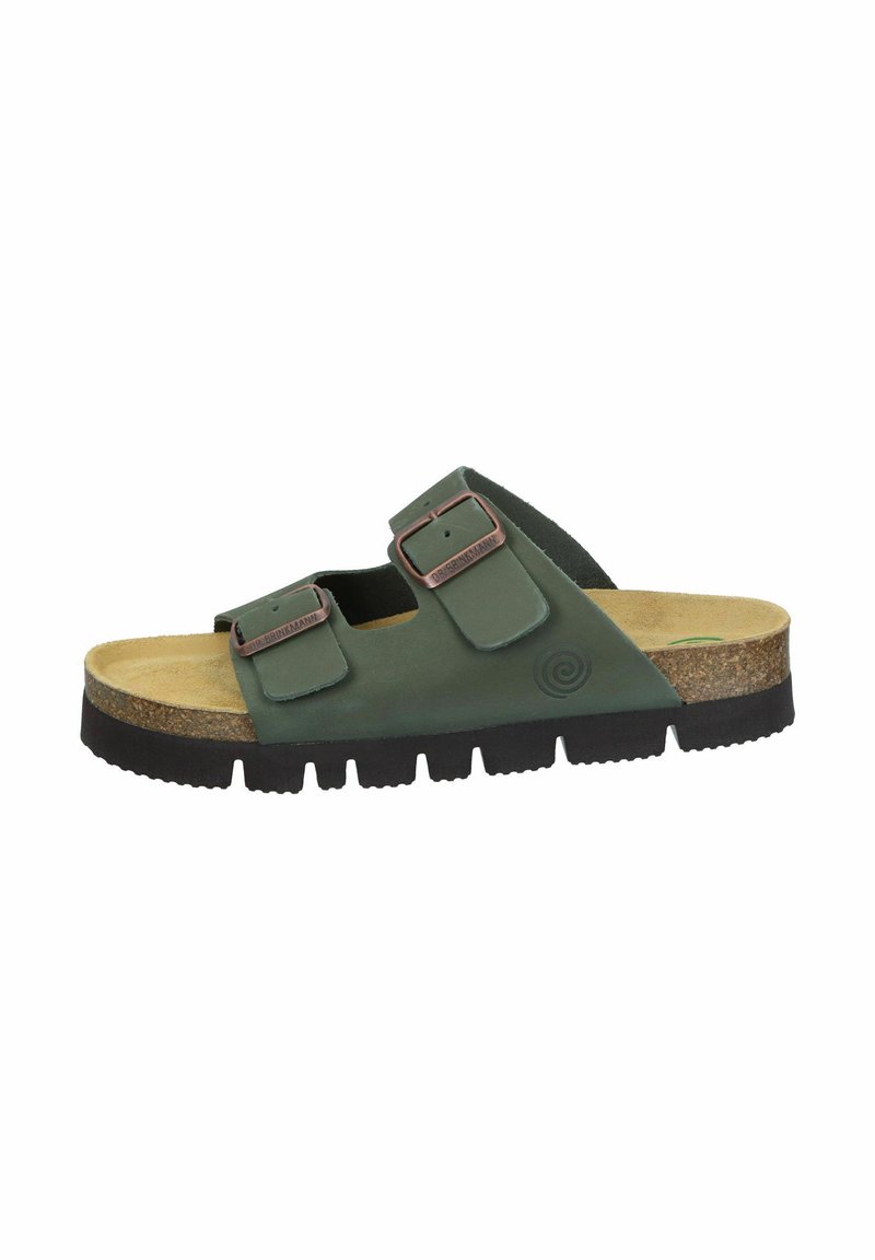 Green leather slide sandal with two adjustable straps, brown metal buckles, cork midsole, and a textured black rubber outsole.
