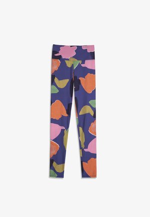 Leggings bleu marine avec une taille haute, présentant un motif floral abstrait en orange, rose, vert et noir.