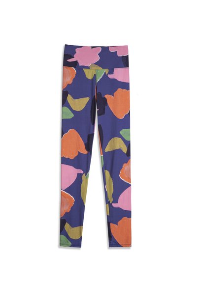 Leggings bleu marine avec une taille haute, présentant un motif floral abstrait en orange, rose, vert et noir.