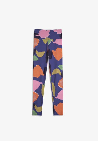 Leggings bleu marine avec une taille haute, présentant un motif floral abstrait en orange, rose, vert et noir.