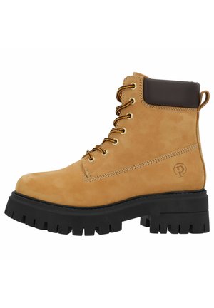 Tan suede ankle boot with a black rubber sole, round toe, gold eyelets, and brown padded collar. Features embossed logo on the side.