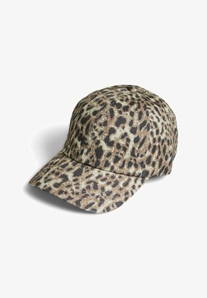 Baseballová čiapka s hnedo-čiernym leopardím vzorom, s prešitými panelmi a zakriveným šiltom.