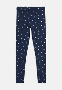 Leggings blu navy con pois azzurri distribuiti uniformemente, dotati di una vita dritta e gambe slim a tutta lunghezza.
