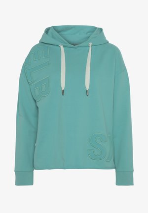 Sweat à capuche bleu sarcelle clair avec cordons blancs, poignets côtelés et grandes lettres cousues sur l'épaule gauche et en bas à droite.