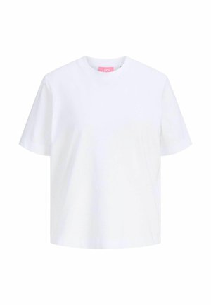 Enkelt hvid t-shirt med korte ærmer, rund hals, lige kant og afslappet pasform på hvid baggrund.