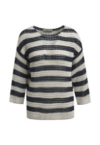 Gestreifter Pullover mit einem lockeren Strickdesign, der abwechselnd Marineblau und Cremefarben zeigt, einen weiten Ausschnitt hat und drei Viertelärmel besitzt.