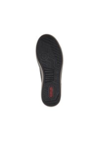 Semelle de chaussure en caoutchouc noir dotée d'un motif de semelle complexe, avec un logo rouge et une indication de taille. Le bord est légèrement texturé et de couleur beige.