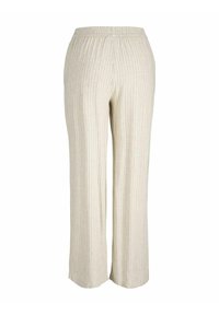 Pantaloni larghi color beige chiaro con righe verticali. Realizzati in materiale morbido, presentano una vita elastica per garantire comfort.
