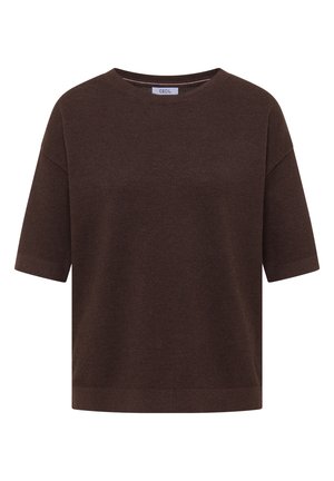 Pull en maille marron foncé à manches courtes avec un col rond et une coupe décontractée, présenté dans un tissu finement texturé.