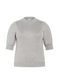 Pull en maille gris avec des manches bouffantes courtes, un col rond et une bordure côtelée. Texture douce, design minimaliste sans motifs.