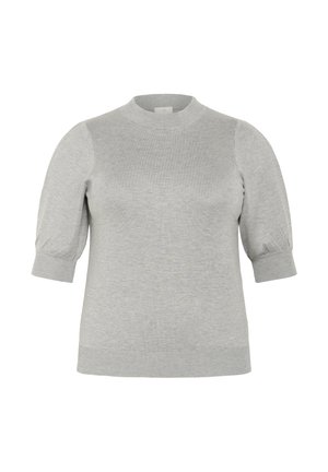 Šedý pletený svetr s krátkými puff rukávy, kulatým výstřihem a žebrovaným lemem. Měkká textura, minimalistický design bez vzorů.