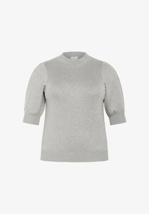 Grijze gebreide trui met korte pofmouwen, een ronde halslijn en een geribbelde zoom. Zachte textuur, minimalistisch ontwerp zonder patronen.