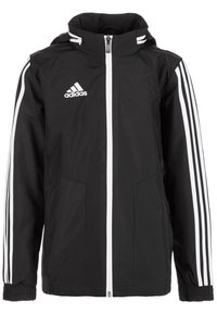 Czarna kurtka Adidas z białym zamkiem, trzy białe paski na rękawach, kaptur i logo Adidas na klatce piersiowej.