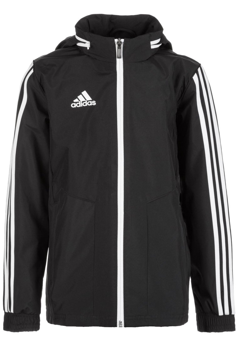 Czarna kurtka Adidas z białym zamkiem, trzy białe paski na rękawach, kaptur i logo Adidas na klatce piersiowej.