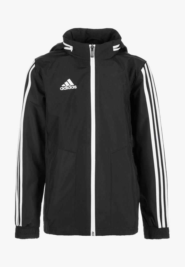 Czarna kurtka Adidas z białym zamkiem, trzy białe paski na rękawach, kaptur i logo Adidas na klatce piersiowej.