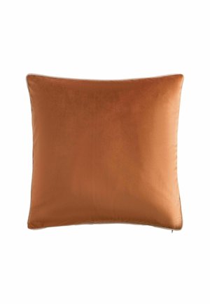 Square brown leather cushion with smooth texture and slightly rounded corners on a white background.