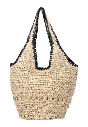 Beige vævet taske med åben vævemønster i bunden og sort kant langs håndtagene og kanterne.