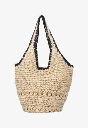 Béžová tkaná taška s otevřeným vzorem tkaní vespod a černým lemováním podél rukojetí a hran.