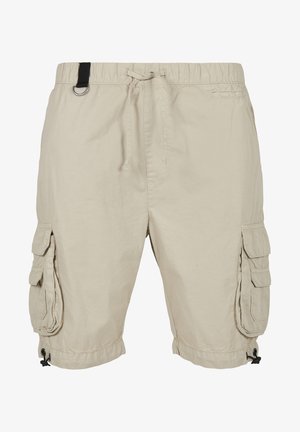 Bežid cargo lühikesed püksid, mis on valmistatud kerge kangaga, elastse vöökoha, reguleeritava nööriga ja mitmete küljetaskutega.