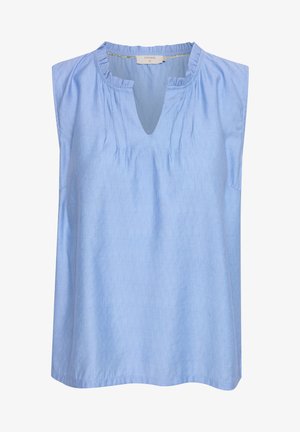 Világoskék, ujjatlan blúz V-nyakkal, a nyakrészen ráncolt díszítésekkel és laza szabással, texturált anyagból.
