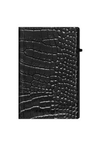 Black textured wallet featuring a crocodile skin pattern, with a sleek design and a subtle logo on the front.