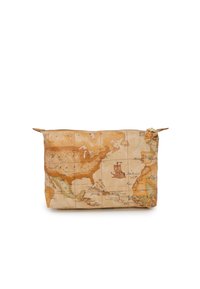 Pochette en toile avec un design de carte vintage dans des tons chauds d'orange et de beige, avec une fermeture éclair et des détails géographiques subtils.