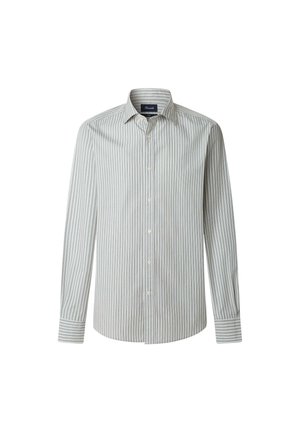 Camisa de manga larga gris claro con finas rayas verticales. Cuello abotonado, cierre con botones y dobladillo curvado. Material de algodón con una textura suave.