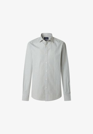 Light grey long-sleeve shirt with thin vertical stripes. Button-down collar, button closure, and a curved hem. Cotton material with a smooth texture.