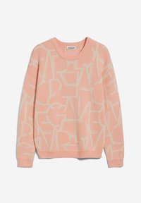 Maglione rosa a collo rotondo lavorato a maglia con motivi geometrici astratti di colore beige chiaro e polsini e orlo a coste.