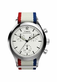 Timex Weekender horloge met een witte wijzerplaat, zilveren roestvrijstalen kast en een multi-kleurige (rood, wit, blauw) nylon band. Beschikt over chronograaf sub-dials.