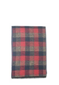 Couverture tartan aux couleurs rouge, marine et beige ; tissu tissé avec un motif à carreaux ; bords effilochés ; forme rectangulaire.