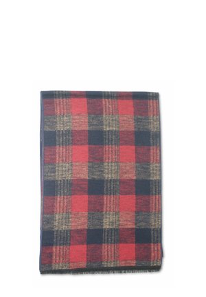 Couverture tartan aux couleurs rouge, marine et beige ; tissu tissé avec un motif à carreaux ; bords effilochés ; forme rectangulaire.