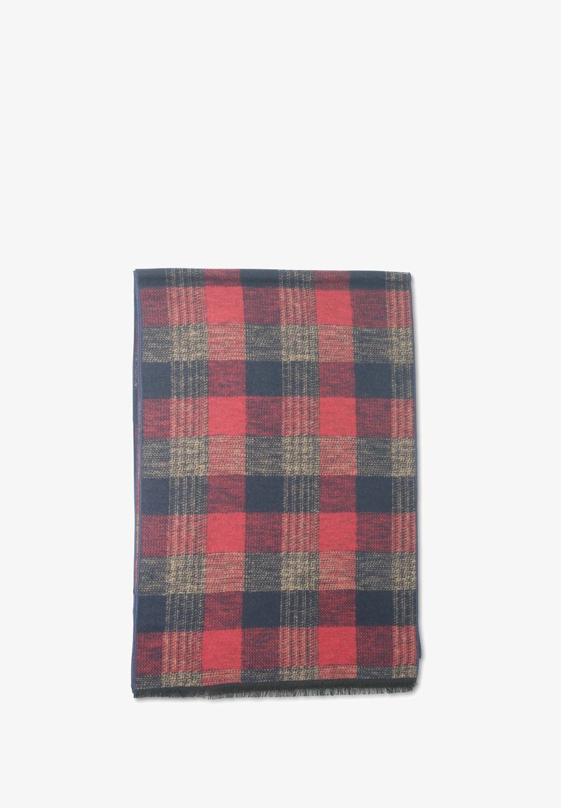 Tartan dekentje in rood, marineblauw en beige; geweven stof met een geruit patroon; rafelige randen; rechthoekige vorm.
