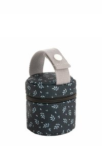 Funda de almacenamiento redonda con cremallera, hecha de una tela oscura con patrones de hojas azul claro, rematada con un asa de pana gris.
