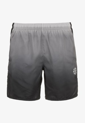 Bermudas atléticas para hombres en gris degradado con detalles negros, con una cintura elástica y un pequeño logo en la parte inferior derecha. Textura suave.