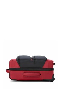 Borsone con ruote in tessuto rosso e nero, due scomparti superiori, una cerniera e una maniglia laterale, progettato con una base resistente e ruote.