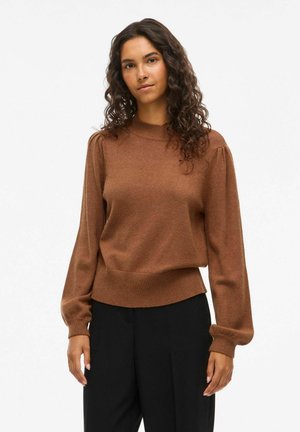 Brown, knitted pullover sweater with a high neckline, puffed sleeves, and ribbed cuffs. Soft texture, relaxed fit, and minimalistic design.