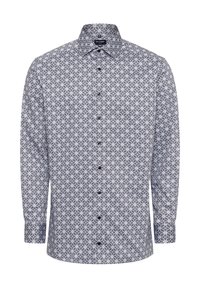 Langermig shirt in een witte en marineblauwe bloemenprint, met een klassieke kraag, knoopsluiting aan de voorkant en zwarte knopen. Gladde stof structuur.