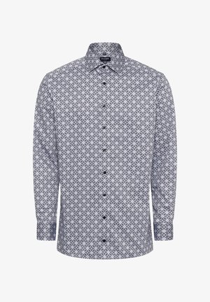 Long-sleeve shirt in a white and navy floral pattern, featuring a classic collar, button front, and black buttons. Smooth fabric texture.
