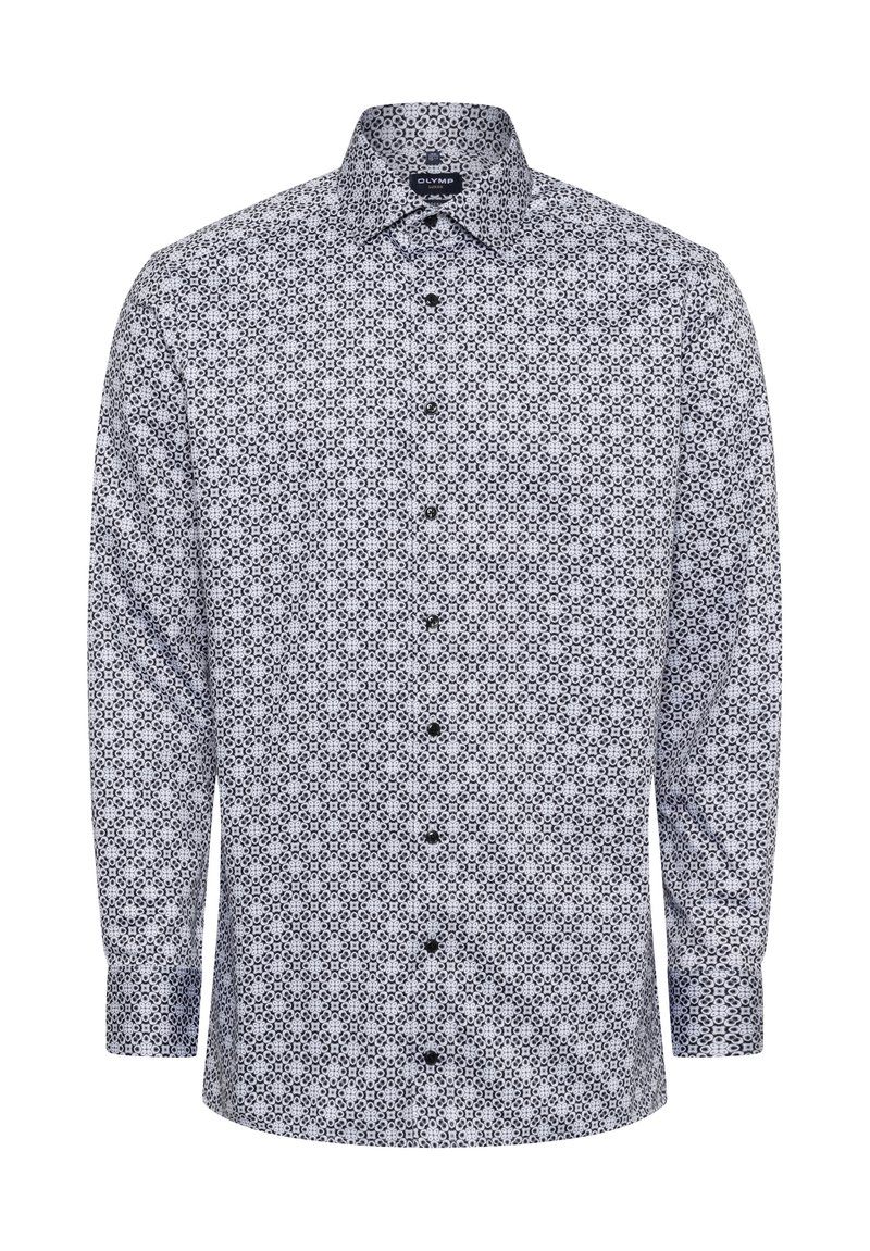 Langermig shirt in een witte en marineblauwe bloemenprint, met een klassieke kraag, knoopsluiting aan de voorkant en zwarte knopen. Gladde stof structuur.