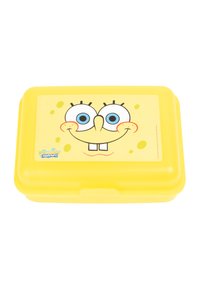 Yellow plastic lunchbox featuring a printed design of a smiling character with large blue eyes, freckles, and a prominent front teeth.
