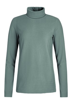 Dugi rukav turtleneck top od meke, rebraste tkanine, u nijansi prigušene zelene boje s prilagođenim krojem.